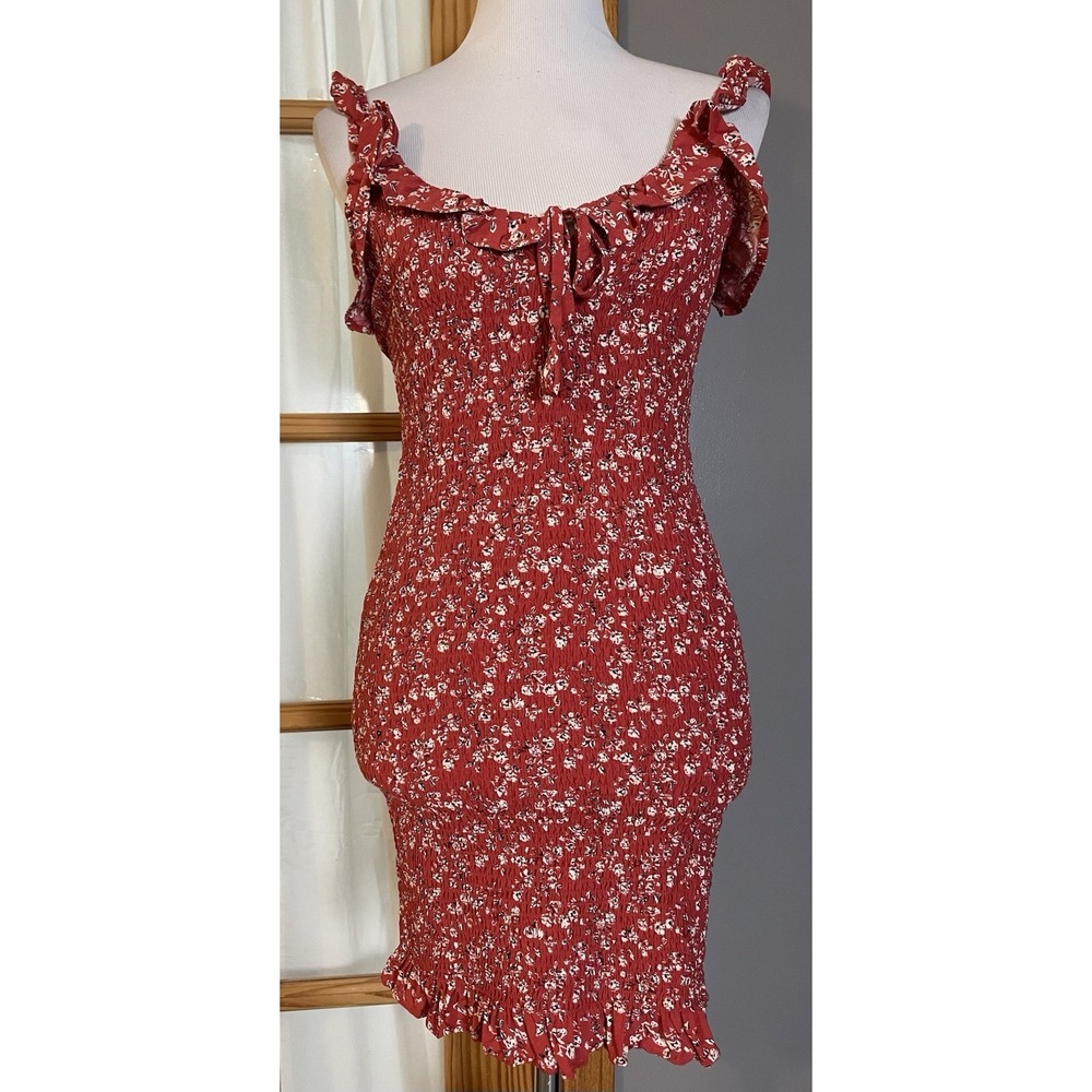 Japna Smocked Bodycon Mini Dress Women's S Red Floral Ruffles Cottage Romantic